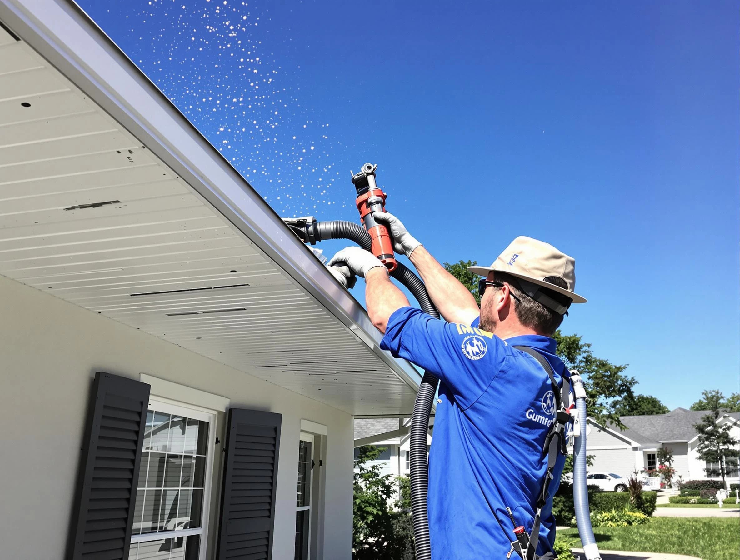 Technician completing a gutter cleaning project by Avon Roofing Company in Avon, OH